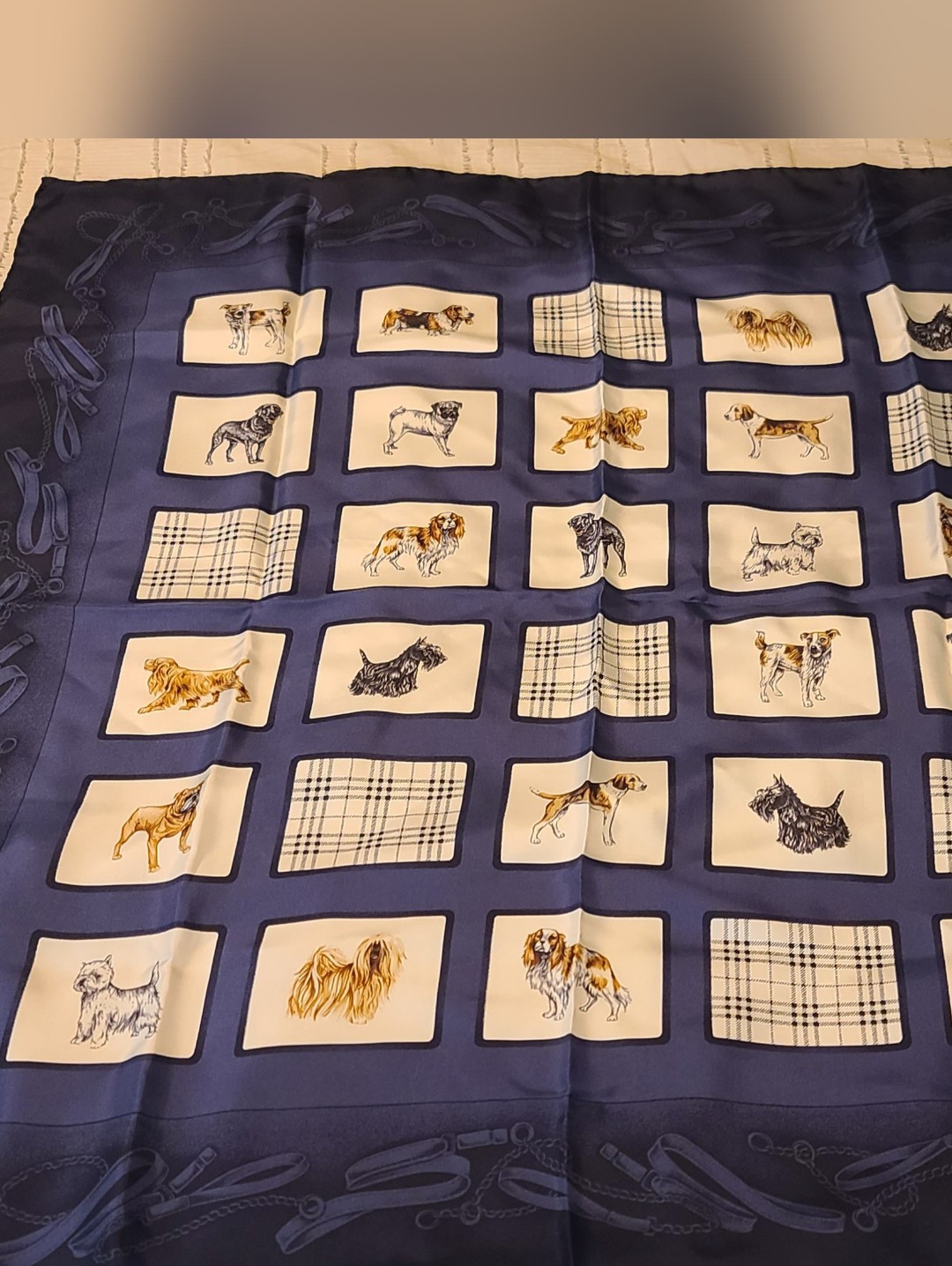 Burberry New With Tags Old Stock Vintage Pure 100% Silk Dog Breeds Print Scarf